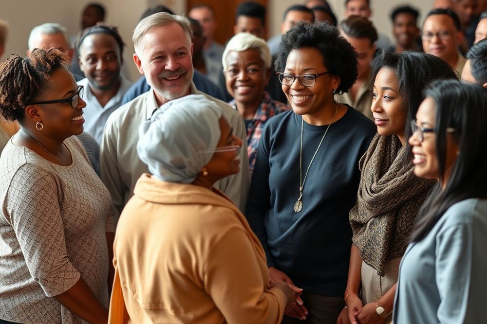 A smiling, multigenerational group gathered in conversation